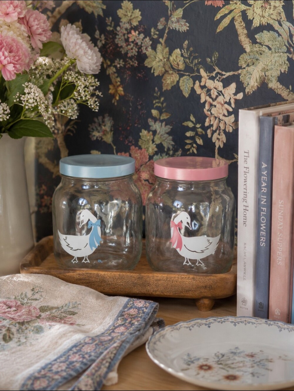 Vintage Ball Glass Storage Jars with Duck Bow Motifs Grannycore